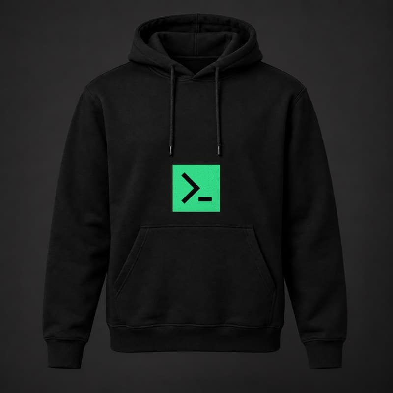 Mockup of a black pullover hoodie with the solid green MinerTerminal tile, a black terminal prompt on a green square, on the chest