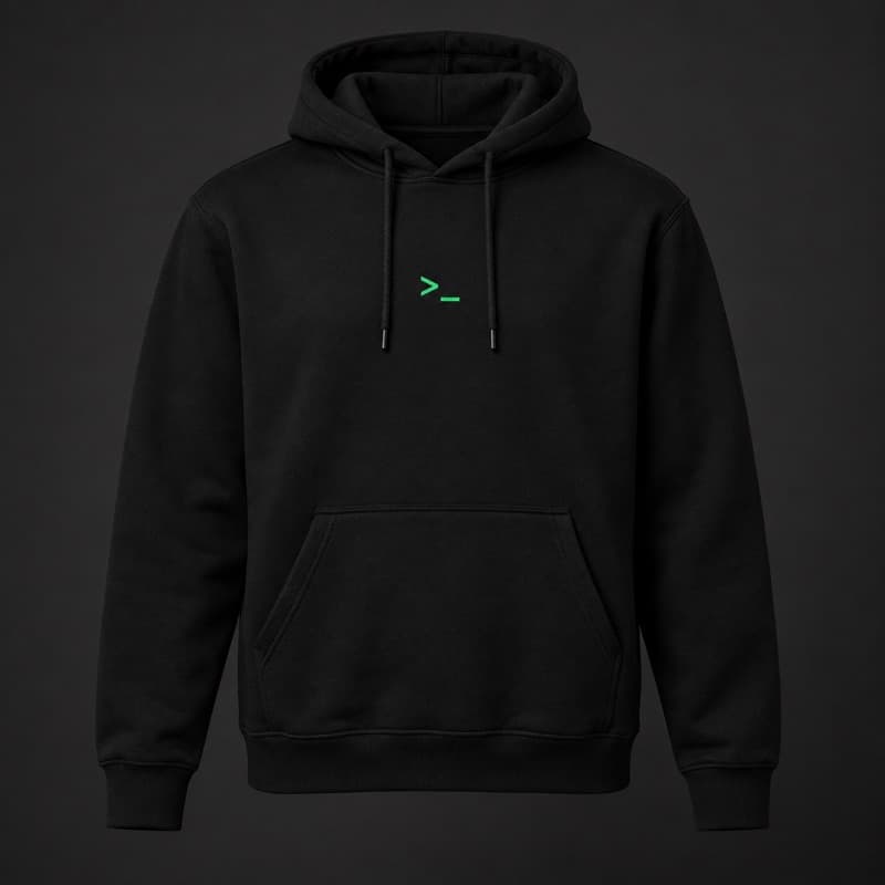 Mockup of a black pullover hoodie with a small green terminal prompt mark