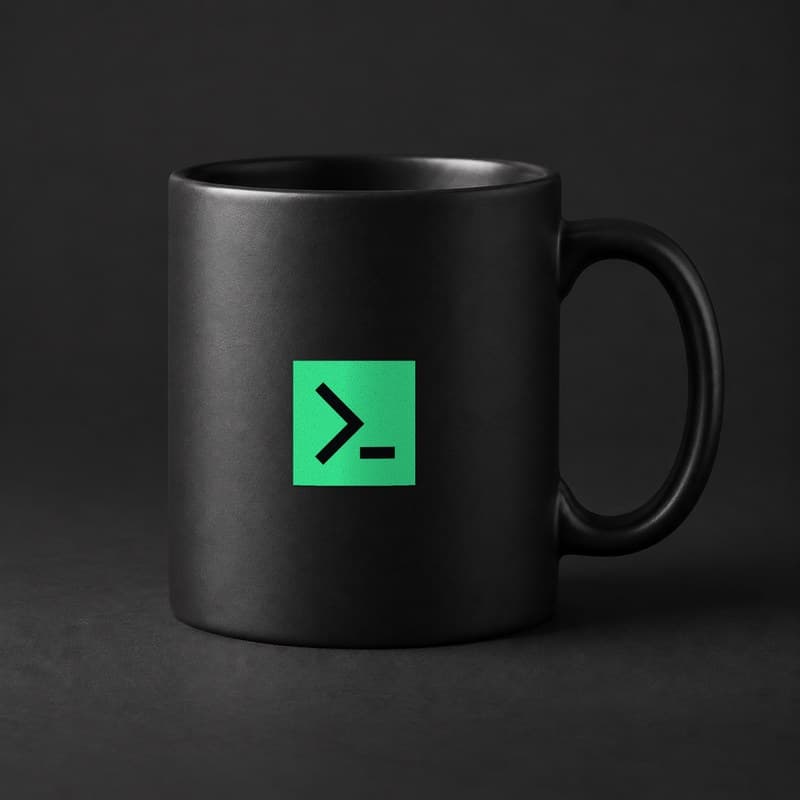 Mockup of a matte black coffee mug with the solid green MinerTerminal tile, a black terminal prompt on a green square, on one side