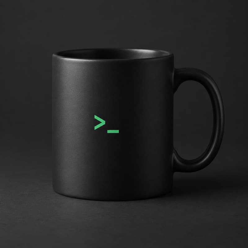 Mockup of a matte black coffee mug with a small green terminal prompt mark