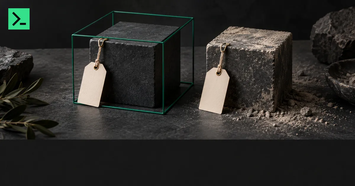 Two matching graphite blocks tagged with blank paper labels, one crisp and framed by a thin green wire box, the other dulled under a layer of dust. A small MinerTerminal mark sits in the top-left corner.