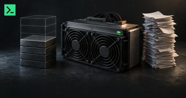 A mining rig whose block-reward stack at the left is half the height it was, shown as a ghost outline of the old tall stack, with fee slips piling up on the right to fill the gap. A small MinerTerminal mark sits in the top-left corner.