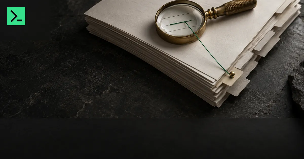 A brass magnifying glass on a stack of blank paper filings, with a green thread running from the magnified line to one pinned page tab. A small MinerTerminal mark sits in the top-left corner.