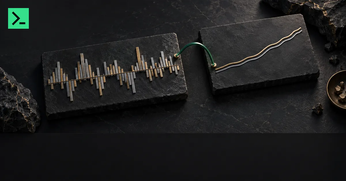 Two panels from the same two stocks: left shows jagged day-to-day bars moving in step weakly, right shows two smooth drifting ribbons that run together; one green link between the two panels. A small MinerTerminal mark sits in the top-left corner.