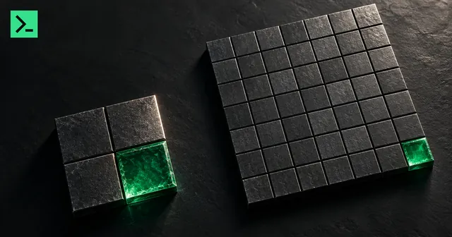 An ownership mosaic subdividing around one green cell. A small MinerTerminal mark sits in the top-left corner.