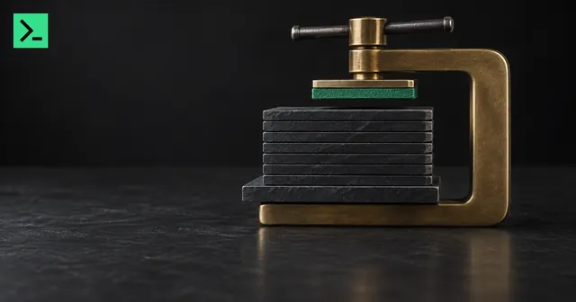 A brass screw clamp eased back so the green pad under its upper jaw lifts just clear of a stack of slate plates. A small MinerTerminal mark sits in the top-left corner.