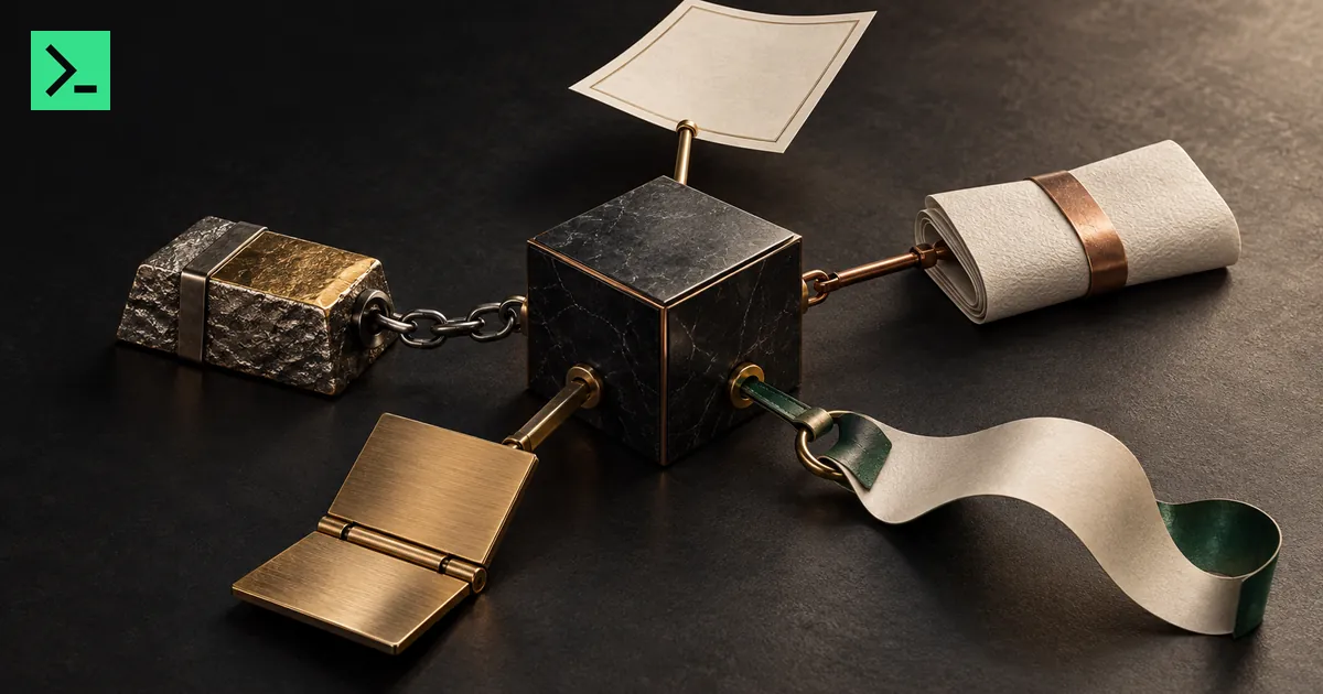 Five distinct instruments around a treasury cube. A small MinerTerminal mark sits in the top-left corner.