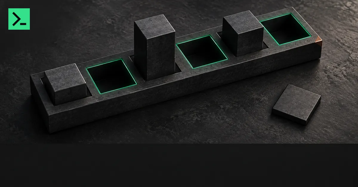 A graphite tray of six sockets where three hold blocks of different heights and three stay empty and outlined in green, with a flat slab set apart rather than used to fill them. A small MinerTerminal mark sits in the top-left corner.