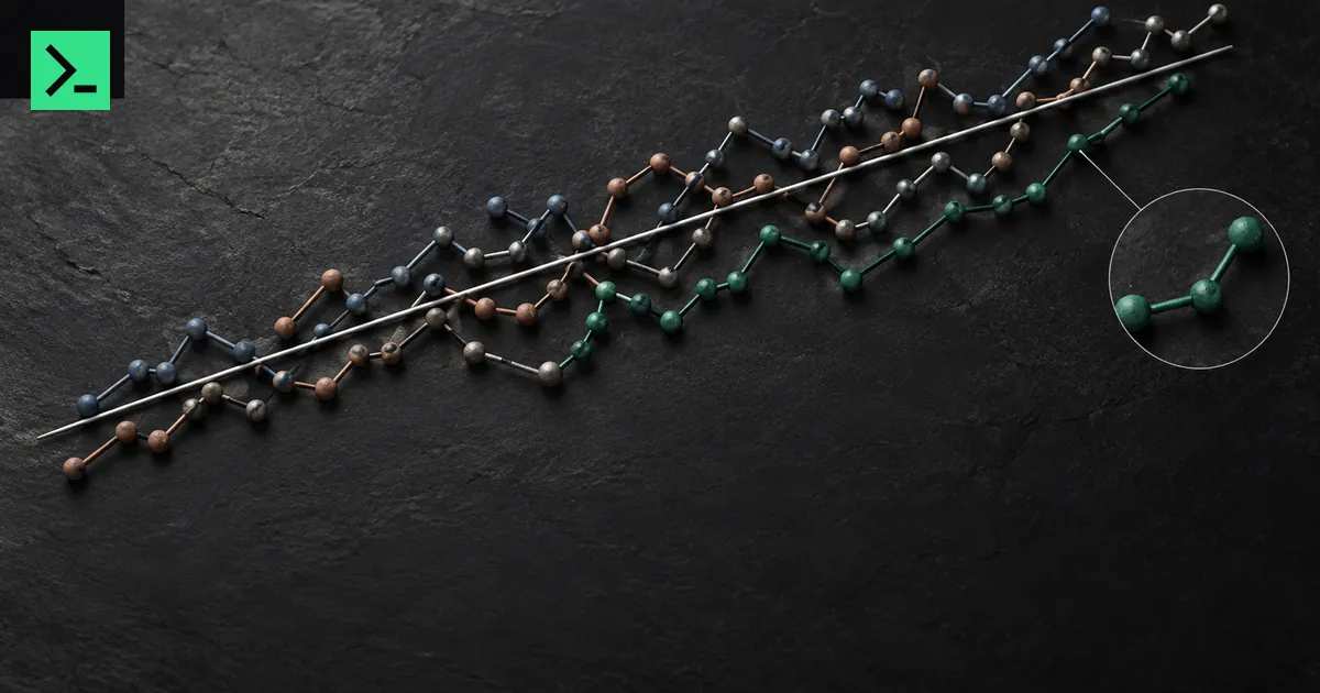 Many short two-point links (quarter pair) from several differently colored chains gathered onto one single fitted line, with a small note that links of one chain touch each other. A small MinerTerminal mark sits in the top-left corner.