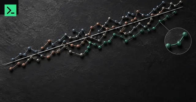 Many short two-point links (quarter pair) from several differently colored chains gathered onto one single fitted line, with a small note that links of one chain touch each other. A small MinerTerminal mark sits in the top-left corner.