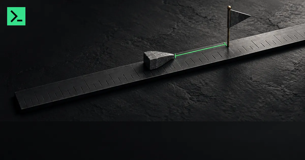 A forecast flag planted at a target mark on a ruler, and a later outcome marker landing short of it with a green measured gap between them. A small MinerTerminal mark sits in the top-left corner.