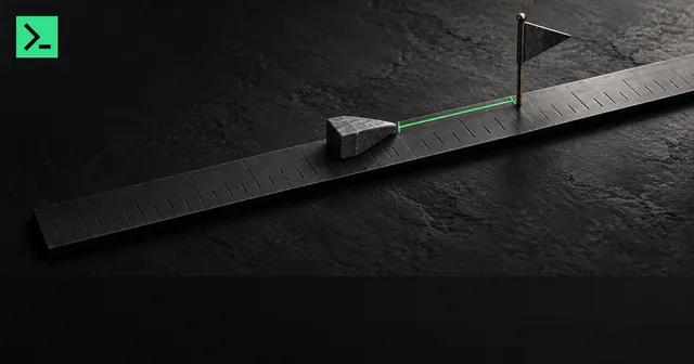 A forecast flag planted at a target mark on a ruler, and a later outcome marker landing short of it with a green measured gap between them. A small MinerTerminal mark sits in the top-left corner.