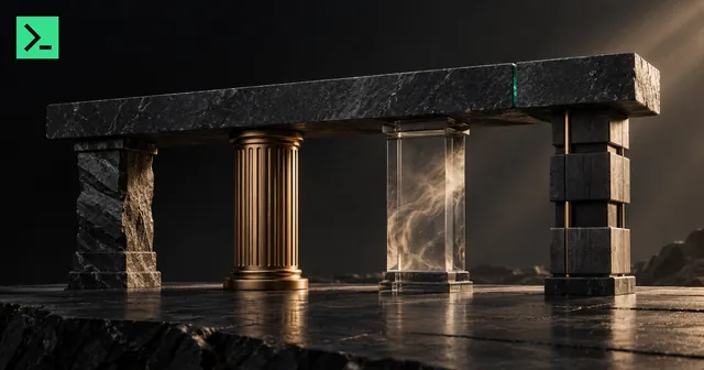 A contract slab resting on four independent supports. A small MinerTerminal mark sits in the top-left corner.