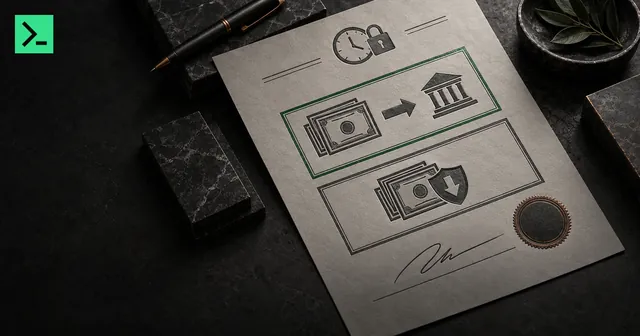 An insider's trade form with two stamped boxes: one box a sale at open-market, a second box shares withheld to pay tax, a small clock-lock marking a pre-set plan; the sheet is signed with a seal. A small MinerTerminal mark sits in the top-left corner.