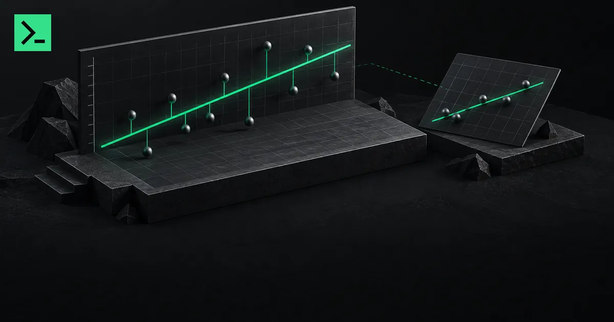 A plotting plane with measured points and a green fitted line with residual marks. A small MinerTerminal mark sits in the top-left corner.