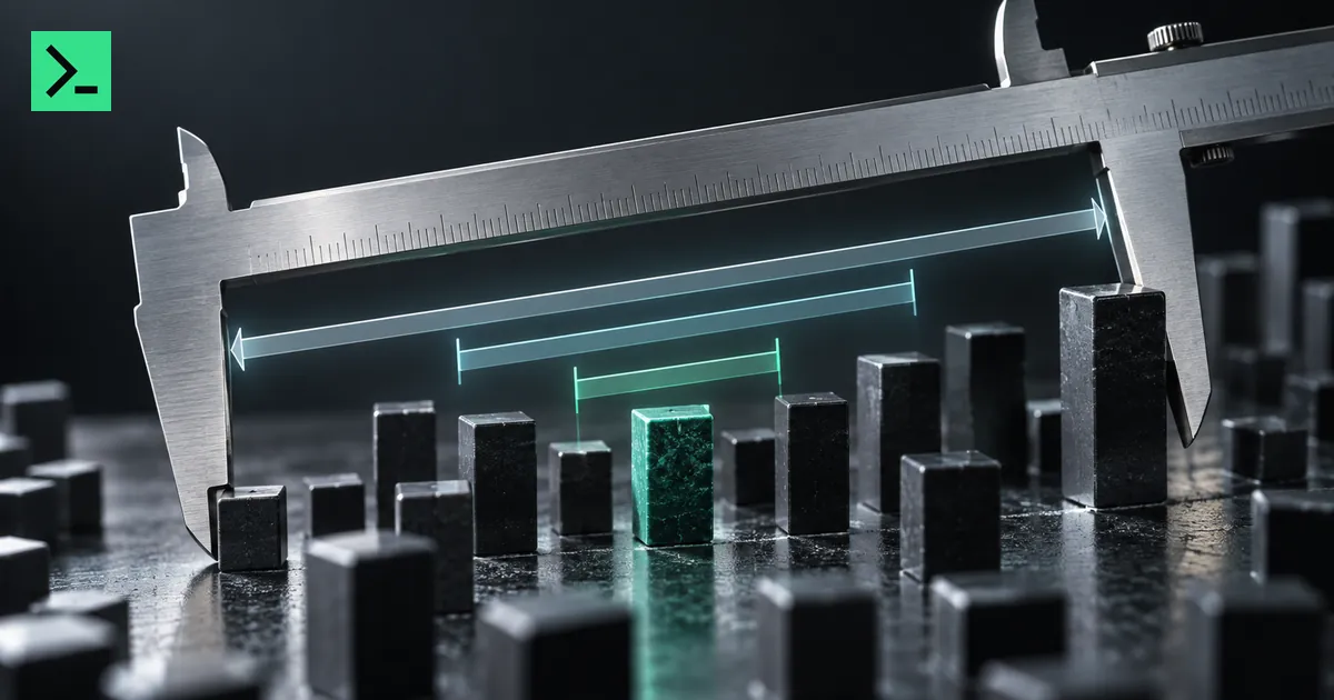 A caliper spanning varied blocks around a green reference bar. A small MinerTerminal mark sits in the top-left corner.