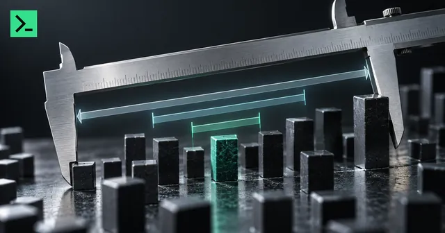 A caliper spanning varied blocks around a green reference bar. A small MinerTerminal mark sits in the top-left corner.