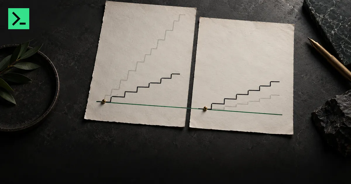 Two paper step-charts of very different height, each pinned at its first step to one shared green start line, then drawn at the same height. A small MinerTerminal mark sits in the top-left corner.