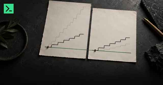 Two paper step-charts of very different height, each pinned at its first step to one shared green start line, then drawn at the same height. A small MinerTerminal mark sits in the top-left corner.