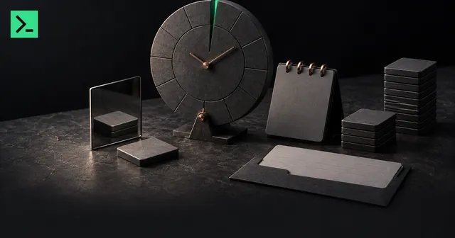 A calendar clock cut at the one-year mark, a short-term stack and a long-term stack of plain tokens beside it, with a wash-sale mirror duplicate tile and a filed form slip. A small MinerTerminal mark sits in the top-left corner.