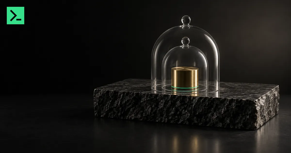 A small brass cylinder on a dark stone plinth under two nested glass bell jars, with a thin green ring at its foot. A small MinerTerminal mark sits in the top-left corner.