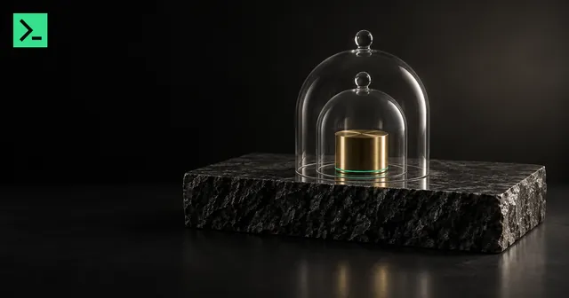 A small brass cylinder on a dark stone plinth under two nested glass bell jars, with a thin green ring at its foot. A small MinerTerminal mark sits in the top-left corner.