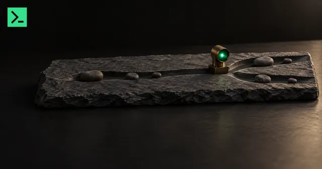A carved channel in a dark slate slab forks in two beside a small brass lamp whose green lens is lit, and a few pebbles rest in each branch. A small MinerTerminal mark sits in the top-left corner.